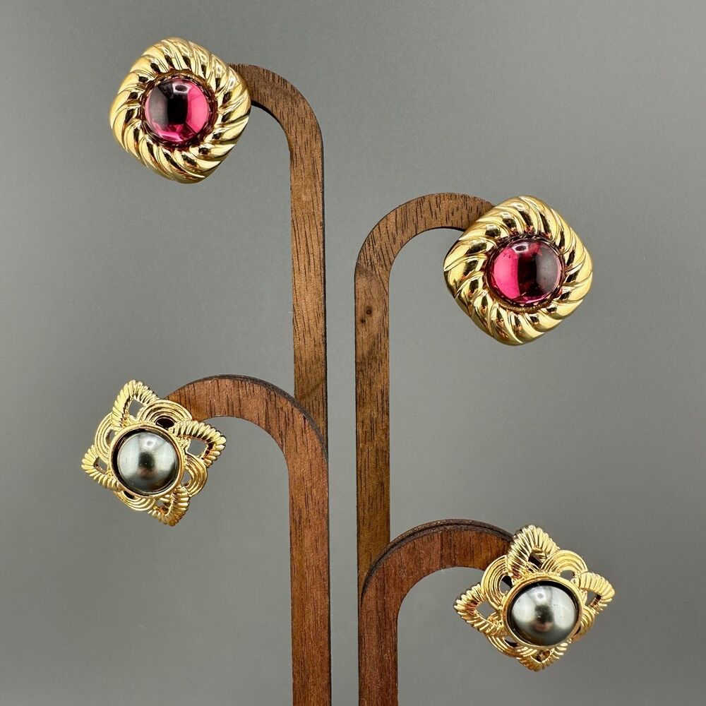 Vintage Designer Earrings Lot Gold Tone Cabochon Faux Pearl Purple Glass Clip On